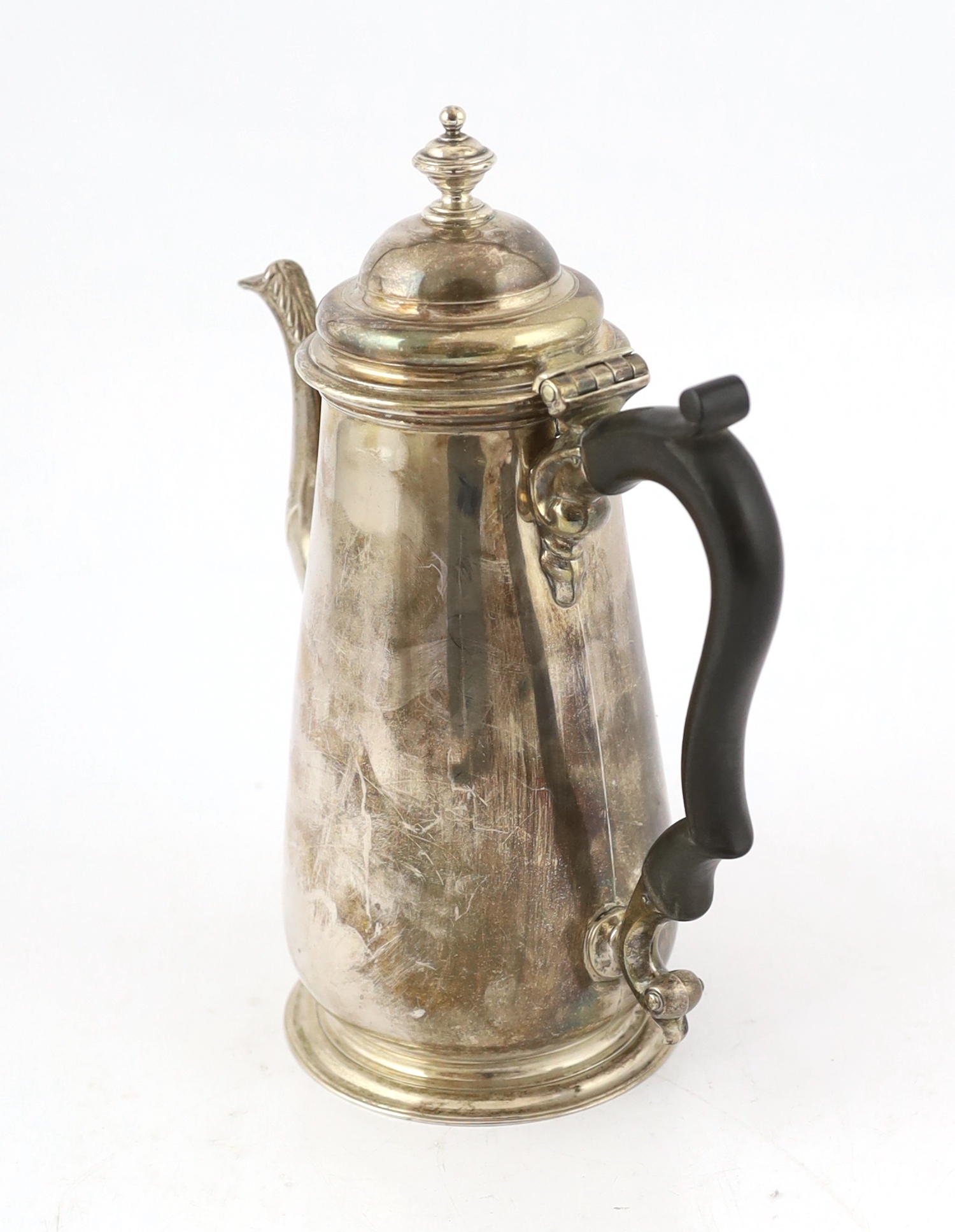 A George III silver coffee pot and hinged cover with turned finial, maker R?